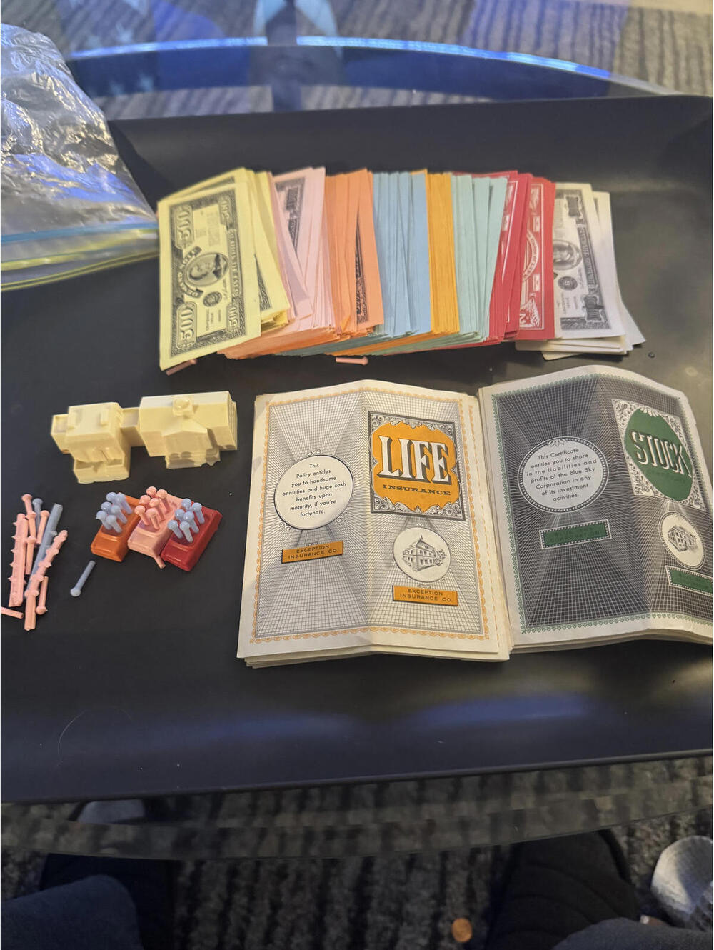 Vintage Monopoly Life Insurance Game Pieces and Paper Money